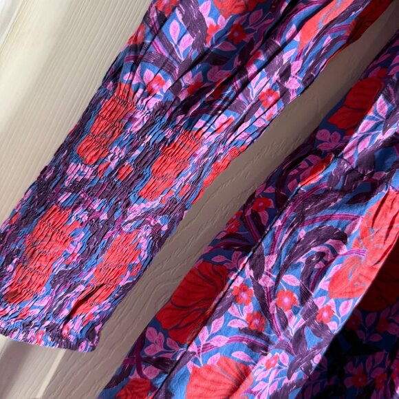 Bindu size XS Floral Smocked Dress Long Puff Sleeves, High Neck Multicolor - Picture 10 of 11